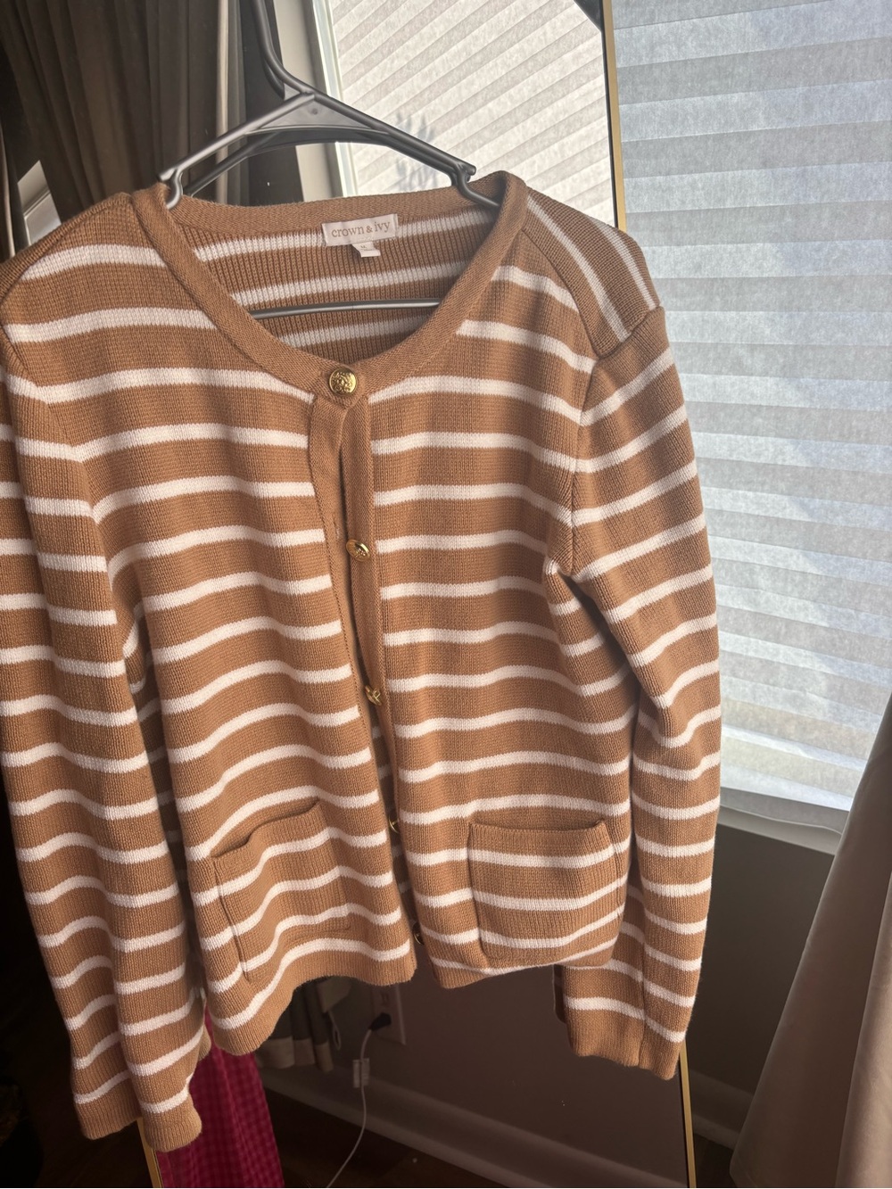 crown & ivy Tan and White Striped Button-Front Cardigan